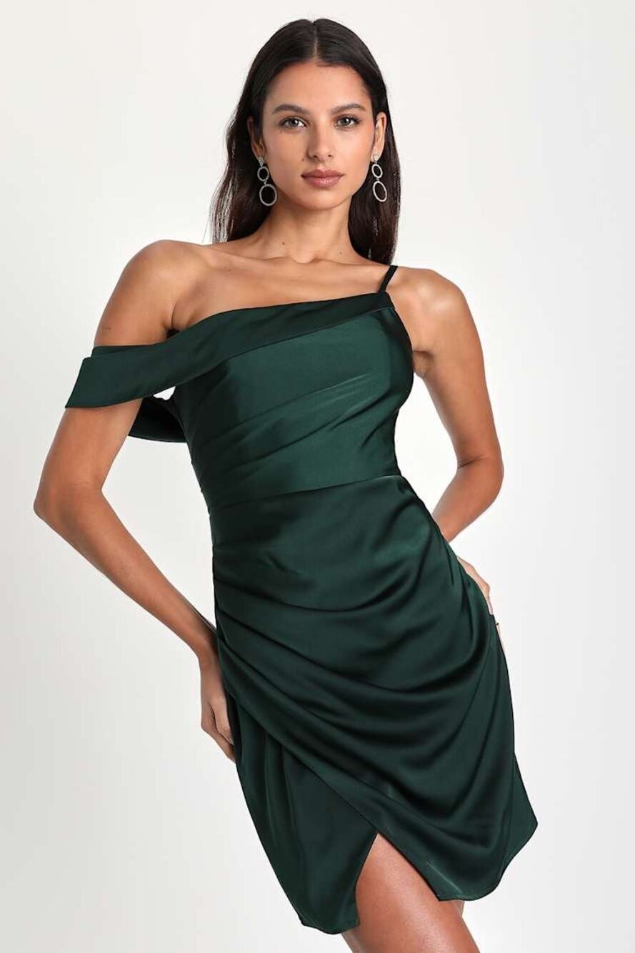NWT Lulus Magnificent Magic Emerald Green Satin Asymmetrical Mini Dress Party XS
